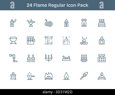Ein vielseitiger Satz von 24 Vektorsymbolen für normale Konturen mit Fokus auf Flamme, ideal für mobile und Web-Anwendungen. Stock Vektor