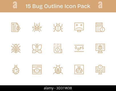 Dieses Set aus 15 Gliederungssymbolen erfasst Bug-Themen, die sich perfekt für technische und geschäftliche Anwendungen eignen. Stock Vektor