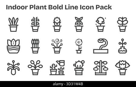 Diese Kollektion umfasst 18 Symbole im Stil der Bold Line, die speziell auf das Thema „Indoor Plant“ zugeschnitten sind und sich hervorragend für digitales Design eignen. Stock Vektor