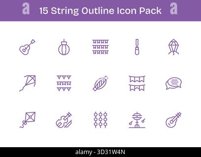 Ein vielseitiger Satz von 15 Konturvektorsymbolen mit Fokus auf String, ideal für mobile und Web-Anwendungen. Stock Vektor