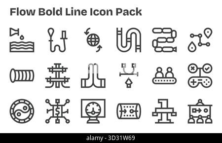 Dieses Flow Symbol Paket enthält 18 Vektoren mit fettgedruckter Linie, die sich perfekt für die Verbesserung digitaler Schnittstellen eignen. Stock Vektor