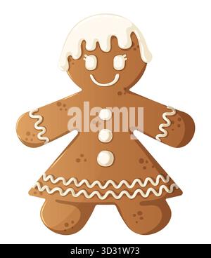 Lächelnde Lebkuchenfrau Cookie dekoriert mit Zuckerguss isolierte festliche süße Illustration Stock Vektor