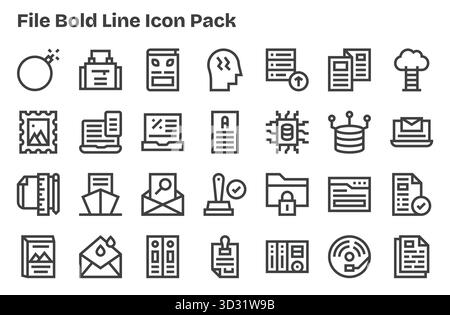 Sammlung von 28 Vektorsymbolen im Extra Bold Line-Stil für File, entwickelt für Klarheit und Vielseitigkeit. Stock Vektor