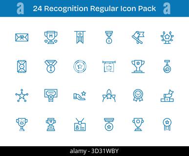 Ein vielseitiger Satz von 24 Vektorsymbolen mit normaler Kontur, die auf Erkennung ausgerichtet sind, ideal für mobile und Web-Anwendungen. Stock Vektor