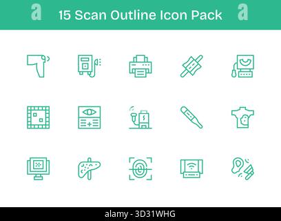 Dieses Set aus 15 Gliederungssymbolen erfasst Scan-Themen, die sich perfekt für technische und geschäftliche Anwendungen eignen. Stock Vektor