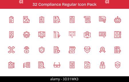 Diese Kollektion enthält 32 Symbole im Stil der regulären Linie, die speziell auf das Compliance-Thema abgestimmt sind und sich hervorragend für digitales Design eignen. Stock Vektor