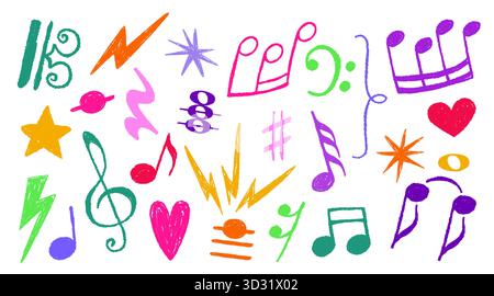 Farbenfrohe Buntstift-Notenset mit handgezeichneten Pinselvektorelementen und Kreidekritzelsymbolen für kreative Designs. Musikalische Herzen mit Sternen und Blitzen. Spielerische künstlerische Kinderskizzen. Stock Vektor
