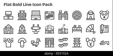 Ein vielseitiger Satz von Vektorsymbolen mit 24 fett formatierten Konturen, die auf flach ausgerichtet sind, ideal für mobile Anwendungen und Webanwendungen. Stock Vektor