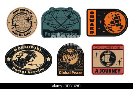 2K weltweite Globus-Aufkleber, isoliert auf weißem Hintergrund. Vektor-realistische Illustration der globalen Postdienste, Import- oder Exportlieferung, Weltreisesymbole, Retro-Briefmarken mit Erdschildern Stock Vektor
