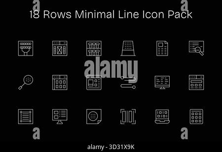 Set aus 18 Symbolen im minimalen Linienstil, die sich um Zeilen drehen und für die nahtlose Integration in Apps und Websites konzipiert wurden. Stock Vektor