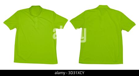 Einfarbiges, lindgrünes Poloshirt isoliert auf weißem Hintergrund mit Vorder- und Rückseite, ideal für Modeschmuck, Bekleidungspräsentation, Branding Stockfoto