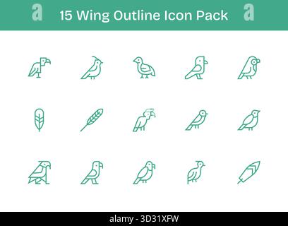 Set aus 15 Symbolen im Outline-Stil rund um Wing, die für die nahtlose Integration in Apps und Websites konzipiert wurden. Stock Vektor