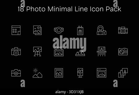 Professionell gestaltete 18 Symbole im Minimal Line-Stil, die das Wesen von Foto für das UI-Design einfangen. Stock Vektor
