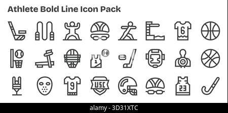 Kuratiertes Paket mit 24 Vektorsymbolen im Bold Outline Design, das sich um Athleten-Konzepte dreht. Stock Vektor
