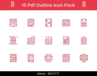 Kuratiertes Paket mit 15 Vektorsymbolen im Outline-Design, zentriert auf PDF-Konzepten. Stock Vektor