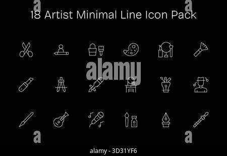 Kuratiertes Paket mit 18 Vektorsymbolen im Minimal Line Design, das sich um Künstlerkonzepte dreht. Stock Vektor