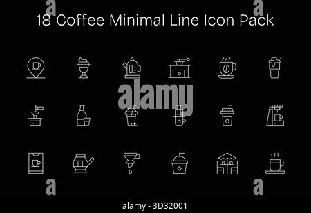 Professionell gestaltete 18 Symbole im Minimal Line-Stil, die das Wesen des Kaffees im UI-Design einfangen. Stock Vektor
