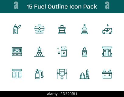 Dieses Set aus 15 Gliederungssymbolen enthält Kraftstoffthemen, die sich perfekt für technische und geschäftliche Anwendungen eignen. Stock Vektor