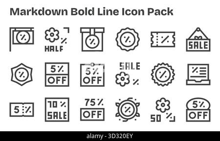 Sammlung von 18 Vektorsymbolen im Bold Line-Stil für Markdown, die für Klarheit und Vielseitigkeit entwickelt wurden. Stock Vektor