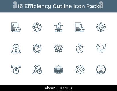 Ein vielseitiger Satz von 15 Konturvektorsymbolen mit Schwerpunkt auf Effizienz, ideal für mobile und Web-Anwendungen. Stock Vektor