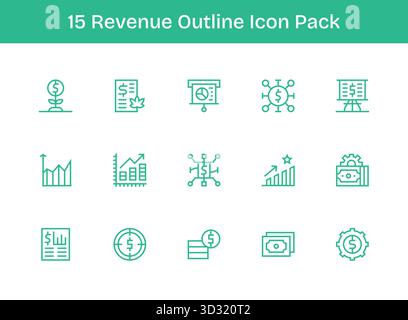Eine übersichtliche Sammlung von 15 Umrisssymbolen für den Umsatz, die für moderne Dashboards und Schnittstellen entwickelt wurden. Stock Vektor