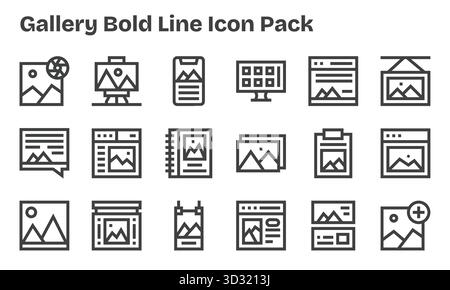 Diese Kollektion umfasst 18 Symbole im Stil der Bold Line, die speziell auf das Thema Galerie zugeschnitten sind und sich hervorragend für digitales Design eignen. Stock Vektor