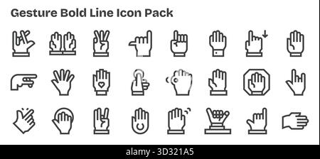 Ein vielseitiger Satz von 24 fett formatierten Vektorsymbolen, die auf Gesten ausgerichtet sind, ideal für mobile und Web-Anwendungen. Stock Vektor