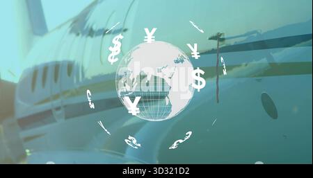 Halbtransparente Kugelgrafik über dem Rumpf des Privatstrahls auf dem Asphalt mit Währungssymbolen Stockfoto