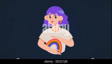 Lila-haarige Frau trägt ein T-Shirt mit orangefarbenem Besatz, das eine Regenbogengrafik vor marineblauem Hintergrund hält Stockfoto