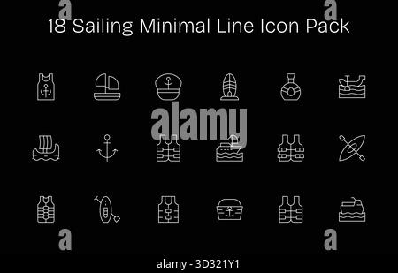 Professionell gestaltete 18 Symbole im Minimal Line-Stil, die das Wesen des Segelns für UI-Design widerspiegeln. Stock Vektor