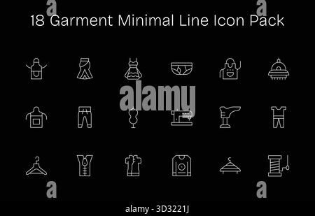 Entdecken Sie ein Set von 18 Minimal Line Symbolen, die für das Kleidungsdesign entwickelt wurden und ideal für moderne UI/UX-Projekte sind. Stock Vektor