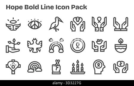 Ein vielseitiger Satz von 18 Bold Line Vektorsymbolen mit Fokus auf Hope, ideal für mobile und Web-Anwendungen. Stock Vektor