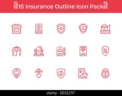 Dieses Set aus 15 Gliederungssymbolen enthält Versicherungsthemen, die sich perfekt für technische und geschäftliche Anwendungen eignen. Stock Vektor