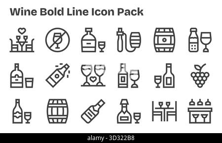 Ein vielseitiges Set aus 18 Vektorsymbolen mit Schwerpunkt auf Wein, ideal für mobile Anwendungen und Web-Anwendungen. Stock Vektor
