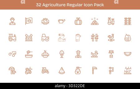 Diese Kollektion umfasst 32 Symbole im Stil der regulären Linie, die speziell auf das Thema Landwirtschaft zugeschnitten sind und sich hervorragend für digitales Design eignen. Stock Vektor
