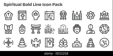Dieses spirituelle Icon-Paket enthält 24 Vektoren in Fettform, die sich perfekt für die Verbesserung digitaler Schnittstellen eignen. Stock Vektor