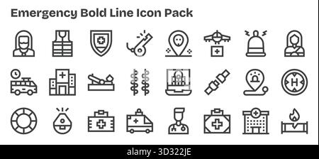 Ein vielseitiger Satz von 24 fett formatierten Vektorsymbolen mit Fokus auf Notfall, ideal für mobile und Web-Anwendungen. Stock Vektor
