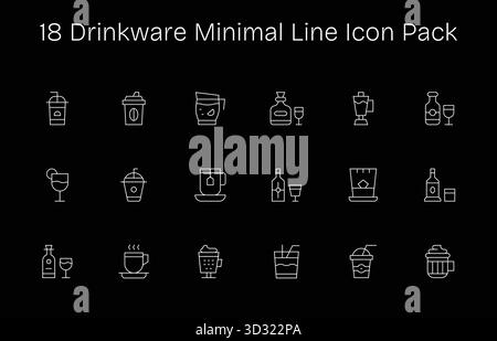 Kuratiertes Paket mit 18 Vektorsymbolen im Minimal Line Design, das sich um Drinkware-Konzepte dreht. Stock Vektor