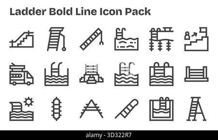 Diese Kollektion umfasst 18 Symbole im Stil der Bold Line, die speziell auf das Thema „Leiter“ zugeschnitten sind und sich hervorragend für digitales Design eignen. Stock Vektor