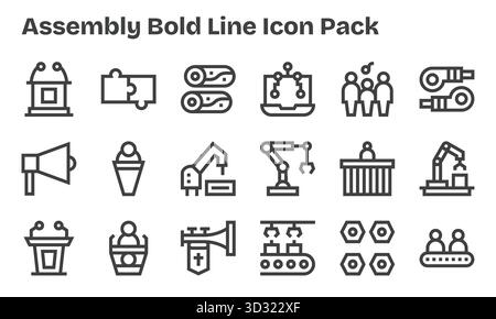 Sammlung von 18 Vektorsymbolen im Bold Line-Stil für die Montage, die für Klarheit und Vielseitigkeit entwickelt wurden. Stock Vektor
