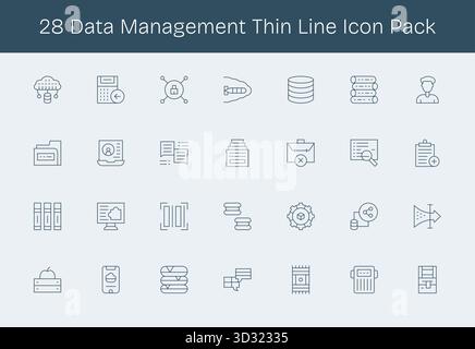 Optimieren Sie Ihre Projekte mit 28 dünnen Symbolen rund um das Thema Datenverwaltung, ideal für saubere und professionelle Designs. Stock Vektor