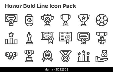 Ein vielseitiger Satz von 18 Bold Line Vektorsymbolen mit Schwerpunkt auf Honor, ideal für mobile und Web-Anwendungen. Stock Vektor