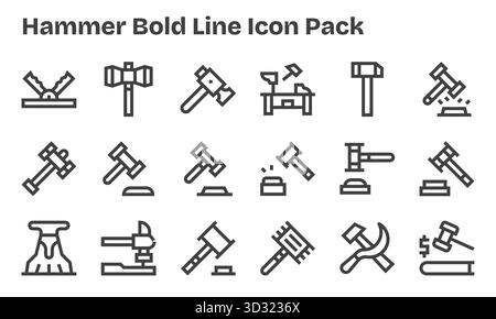 Ein vielseitiger Satz von 18 Vektorsymbolen mit Schwerpunkt auf Hammer, ideal für mobile Anwendungen und Web-Anwendungen. Stock Vektor