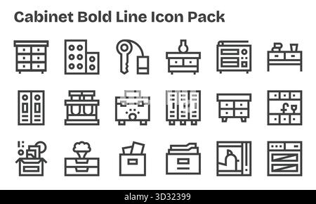 Professionell gestaltete 18 Icons im Bold Line-Stil, die das Wesen des Schaltschranks für das UI-Design widerspiegeln. Stock Vektor