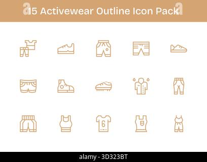 Set aus 15 Symbolen im Outline-Stil, die sich um Activewear drehen und für die nahtlose Integration in Apps und Websites entwickelt wurden. Stock Vektor