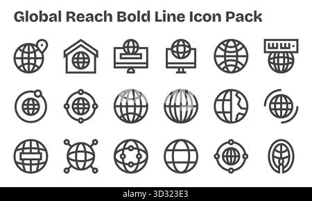 Kuratiertes Paket mit 18 Vektorsymbolen in Bold Line-Design, das sich um Global REACH-Konzepte dreht. Stock Vektor