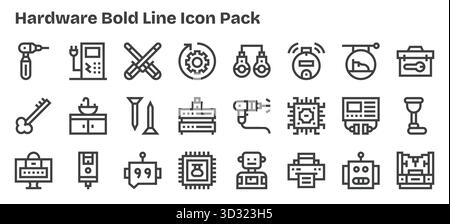 Ein vielseitiger Satz von Vektorsymbolen mit 24 Fett, die sich auf Hardware konzentrieren, ideal für mobile Anwendungen und Webanwendungen. Stock Vektor