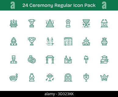 Ein vielseitiges Set aus 24 Vektorsymbolen für reguläre Konturen mit Schwerpunkt auf Zeremonie, ideal für mobile und Web-Anwendungen. Stock Vektor
