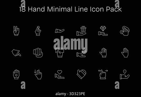 Kuratiertes Paket mit 18 Vektorsymbolen im Minimal Line Design, zentriert um Handkonzepte. Stock Vektor