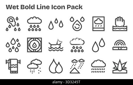 Ein vielseitiger Satz von 18 Vektorsymbolen mit Bold Line, die sich speziell auf nass konzentrieren, ideal für mobile Anwendungen und Web-Anwendungen. Stock Vektor